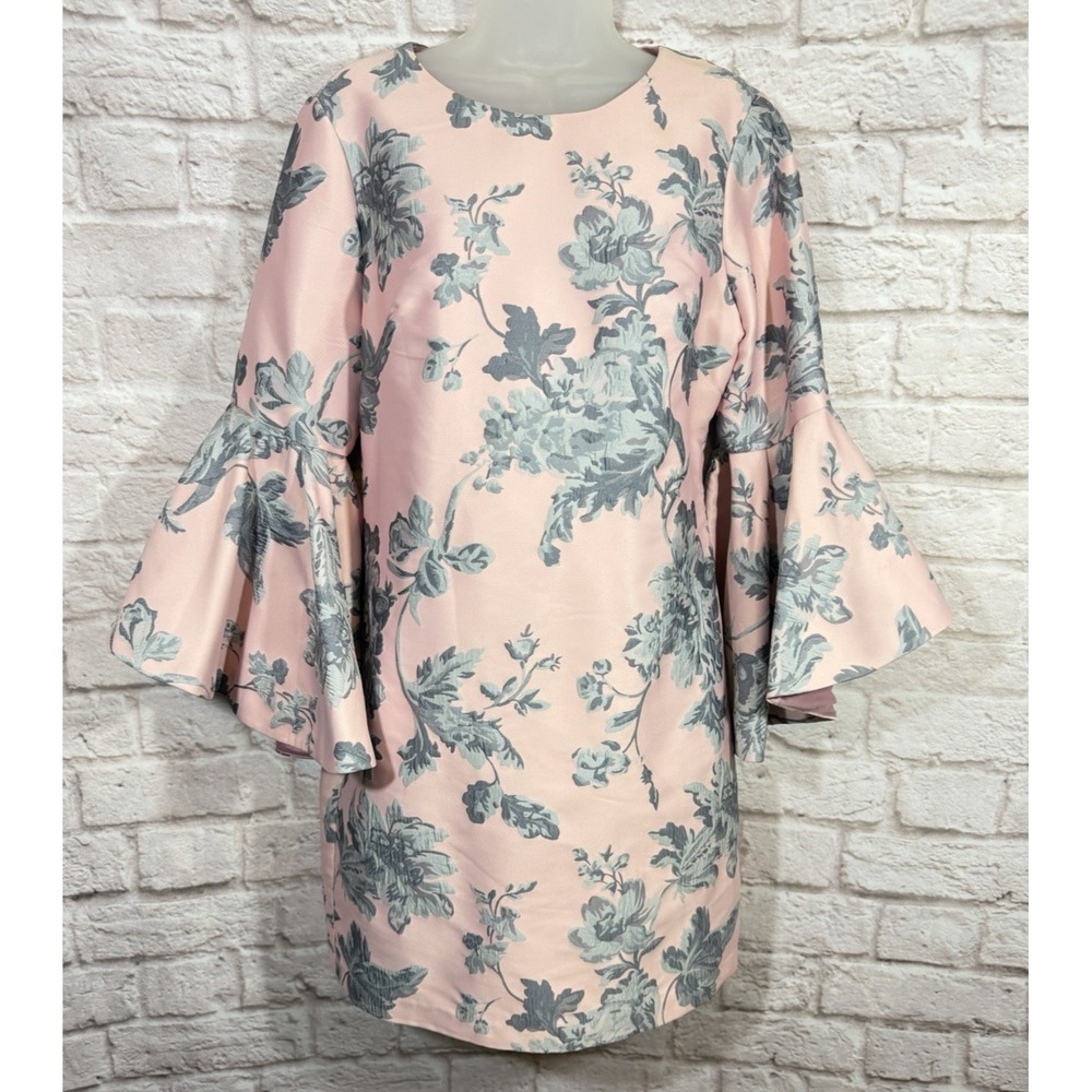 Belle Badgley Mischka Pink Gray Floral Mini Dress Size 10 Flared Bell Sleeves‎